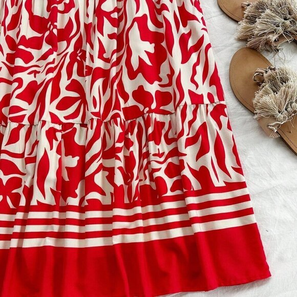 Red Boho Women's Holiday Floral Printed Strapless Skirt And Crop Top - Picture 4 of 4